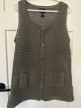 Pure Handknit Olive Crochet Vest XS/S Cotton Button Front Pockets